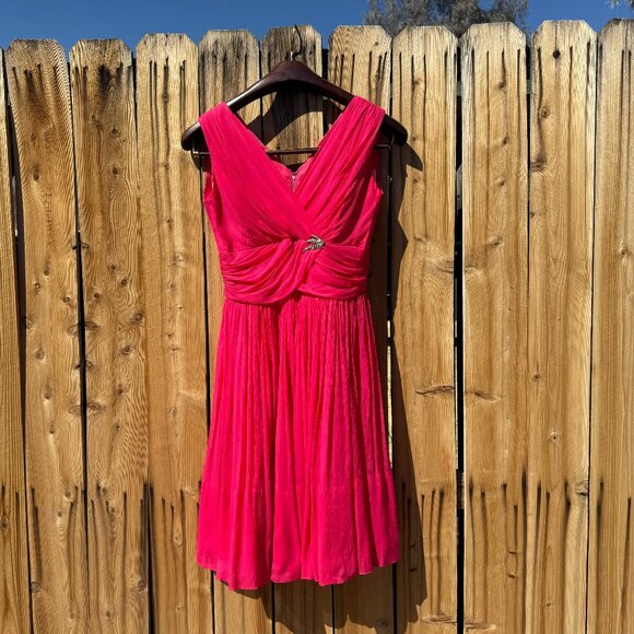 Vintage 60s Dress Fit Flare Chiffon Hot Pink Fuchsia Sleeveless V Neck Size M/L - Picture 7 of 12